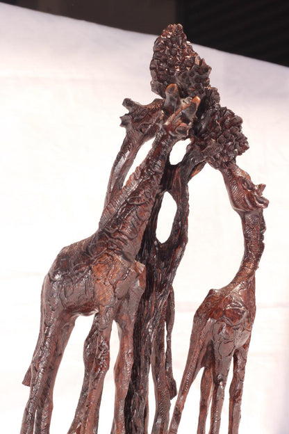 Giraffes Feeding on a Tree, Dark Brown Iron Wood Art Sculpture. Zimbabwean handcarved home decor . African Christmas gift, ready to Ship