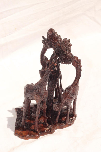 Giraffes Feeding on a Tree, Dark Brown Iron Wood Art Sculpture. Zimbabwean handcarved home decor . African Christmas gift, ready to Ship