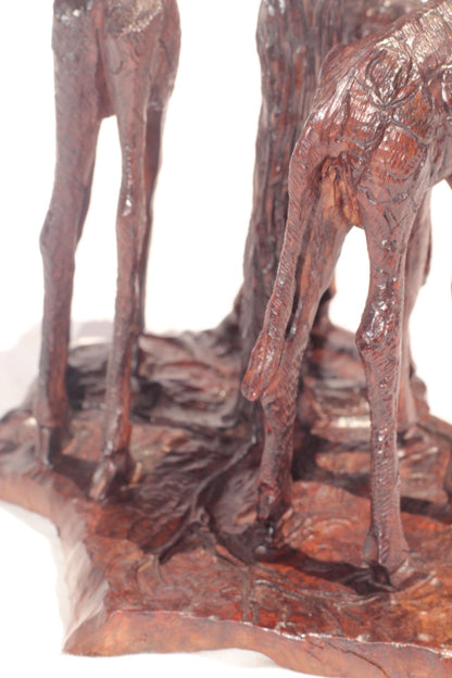 Giraffes Feeding on a Tree, Dark Brown Iron Wood Art Sculpture. Zimbabwean handcarved home decor . African Christmas gift, ready to Ship