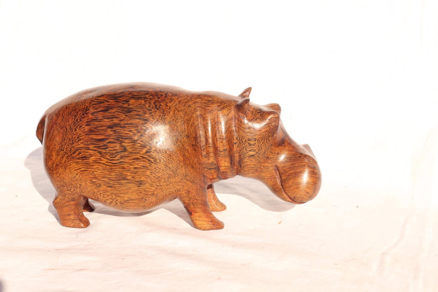 Kasia Wood Carved Hippo Sculpture, African Art, Light Brown Wooden Grains