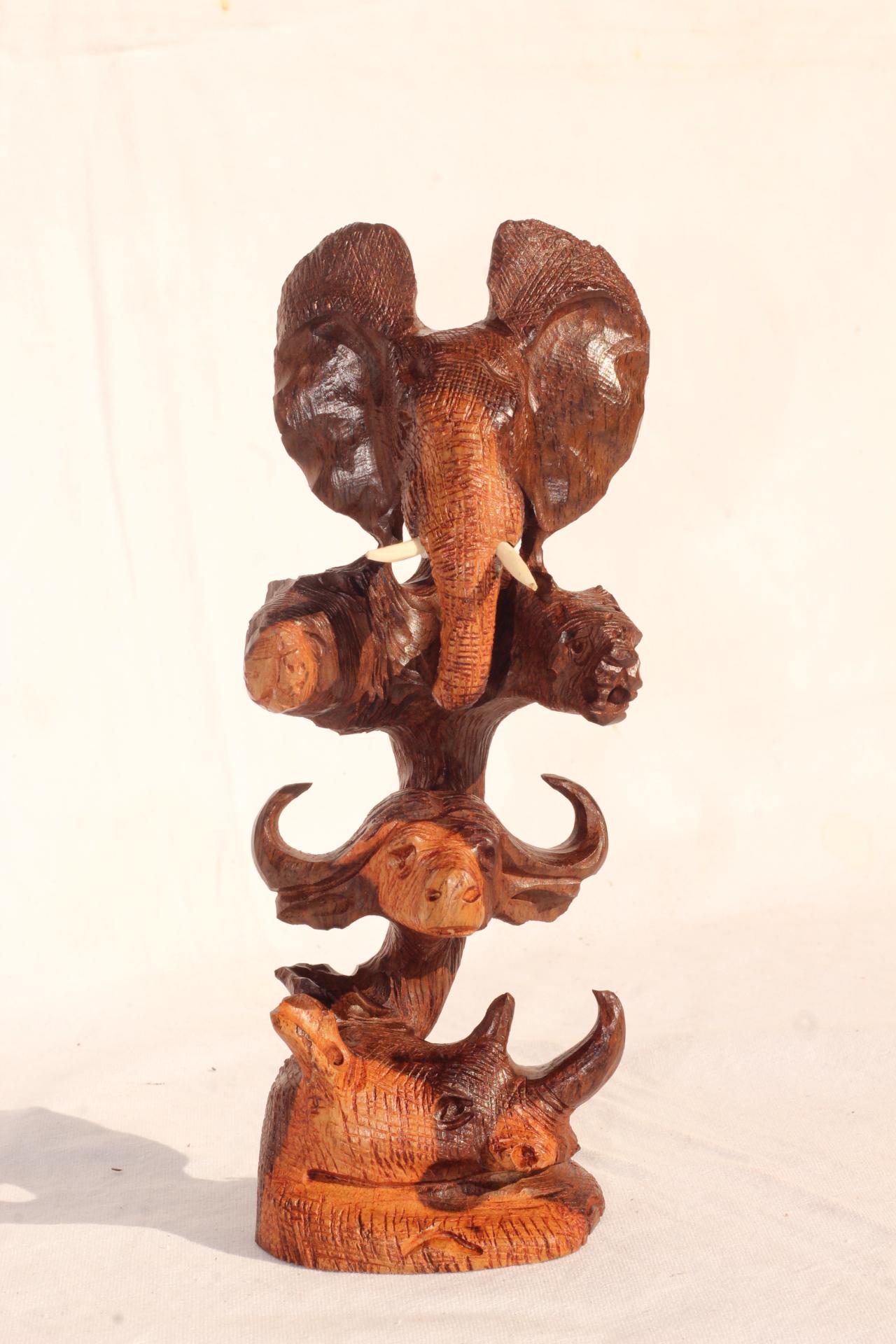 Small, Mid Brown Ironwood Carved lifelike Big Five heads tower. Elephant, Lion, Leopard, Buffalo, Rhino fine Art Decor. Ready to Ship Gift