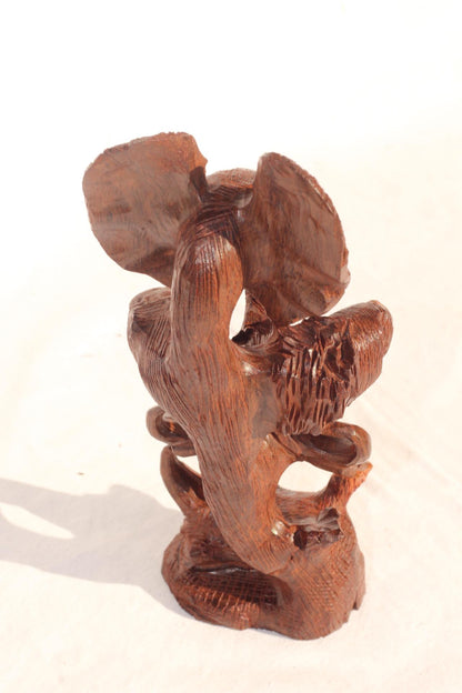 Small, Mid Brown Ironwood Carved lifelike Big Five heads tower. Elephant, Lion, Leopard, Buffalo, Rhino fine Art Decor. Ready to Ship Gift