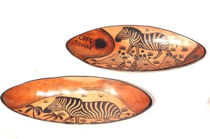 Zebra and Giraffe African animal print Bowls. Oval shaped Painted Teak wood table centerpiece bowl. Mozambique handmade Art Decor gifts