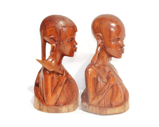 African Masaai King and Queen Art Gifts. Smooth Carved Mozambiquean Elle Sandalwood half Body Couple Sculptures. Beautiful Wood Grain Decor