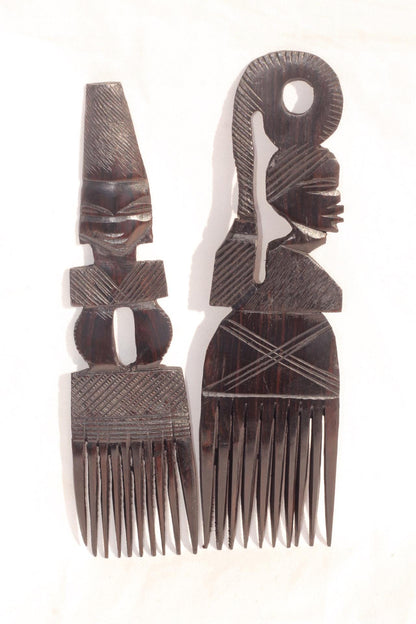 Malawian Hand carved Ebony Wood Set of 2 Combs/ Afro Picks. African Couple figures Home Decor Artwork. Ready to Ship Gifts