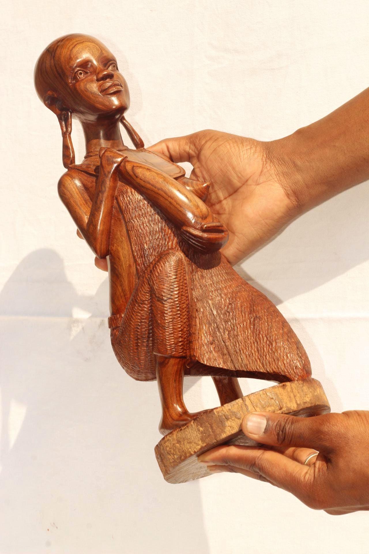 African Women Art Gifts. Large Handcarved Mozambiquean Elle Sandalwood Full Body Kneeling Masaai Lady Sculpture. Beautiful Wood Grain Decor
