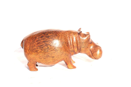 Kasia Wood Carved Hippo Sculpture, African Art, Light Brown Wooden Grains