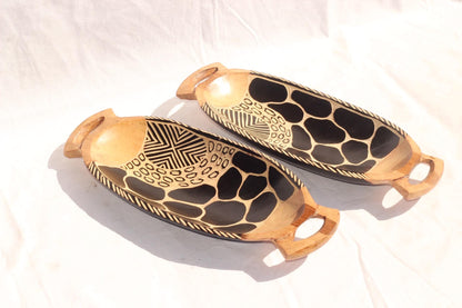 Black and Brown pair of Giraffe Print Olive wood Carved and Gouged bowls. Lightweight wooden snack bowls, African art, Animal print decor