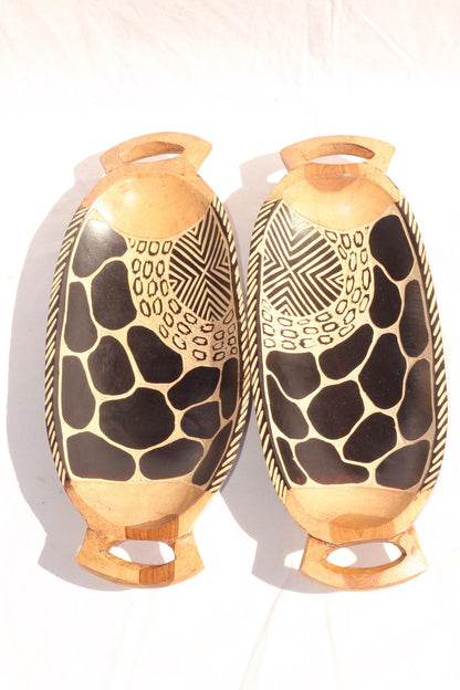 Black and Brown pair of Giraffe Print Olive wood Carved and Gouged bowls. Lightweight wooden snack bowls, African art, Animal print decor
