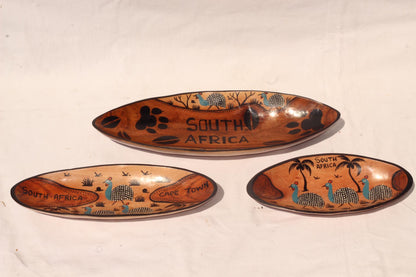 3 x Guinea Fowl South African Themed animal print Bowls. Oval shaped Painted Teak wood table centerpiece bowls. Mozambique handmade Art gift