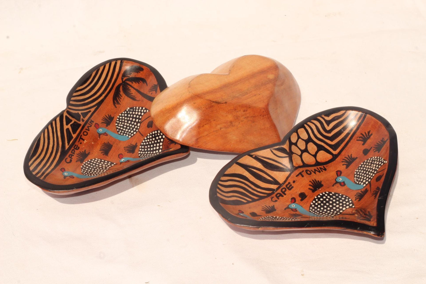 3 x Heart Shaped Guinea Fowl South African Theme animal print Bowls. Painted Teak wood table centerpiece bowls. Mozambique handmade Art gift