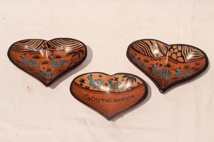 3 x Heart Shaped Guinea Fowl South African Theme animal print Bowls. Painted Teak wood table centerpiece bowls. Mozambique handmade Art gift