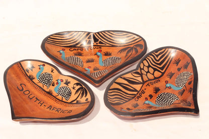 3 x Heart Shaped Guinea Fowl South African Theme animal print Bowls. Painted Teak wood table centerpiece bowls. Mozambique handmade Art gift