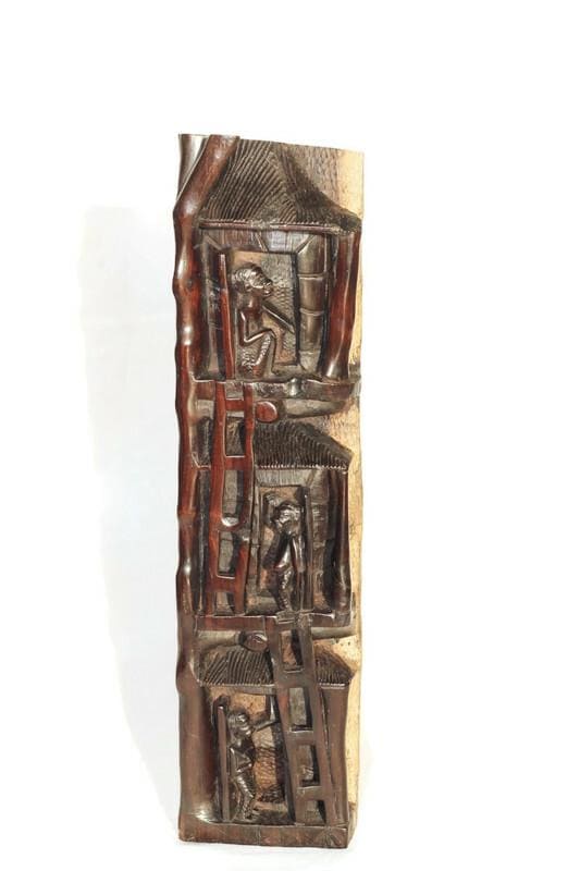 African Village life Ebony Wood Carved Tree Houses Sculpture. Smooth Handcarved Art Decor, ready to Ship from South Africa. Christmas Gift