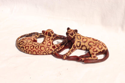 Sleeping Leopard Male and Female. Inner Olive wood dark brown polished and gouged spotted hand carved big cat Sculptures. African art Gifts
