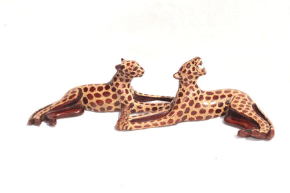 Sleeping Leopard Male and Female. Inner Olive wood dark brown polished and gouged spotted hand carved big cat Sculptures. African art Gifts