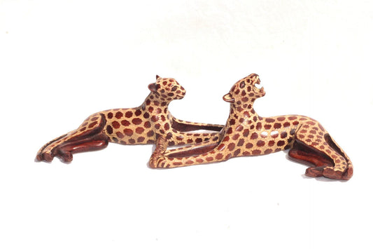 Sleeping Leopard Male and Female. Inner Olive wood dark brown polished and gouged spotted hand carved big cat Sculptures. African art Gifts