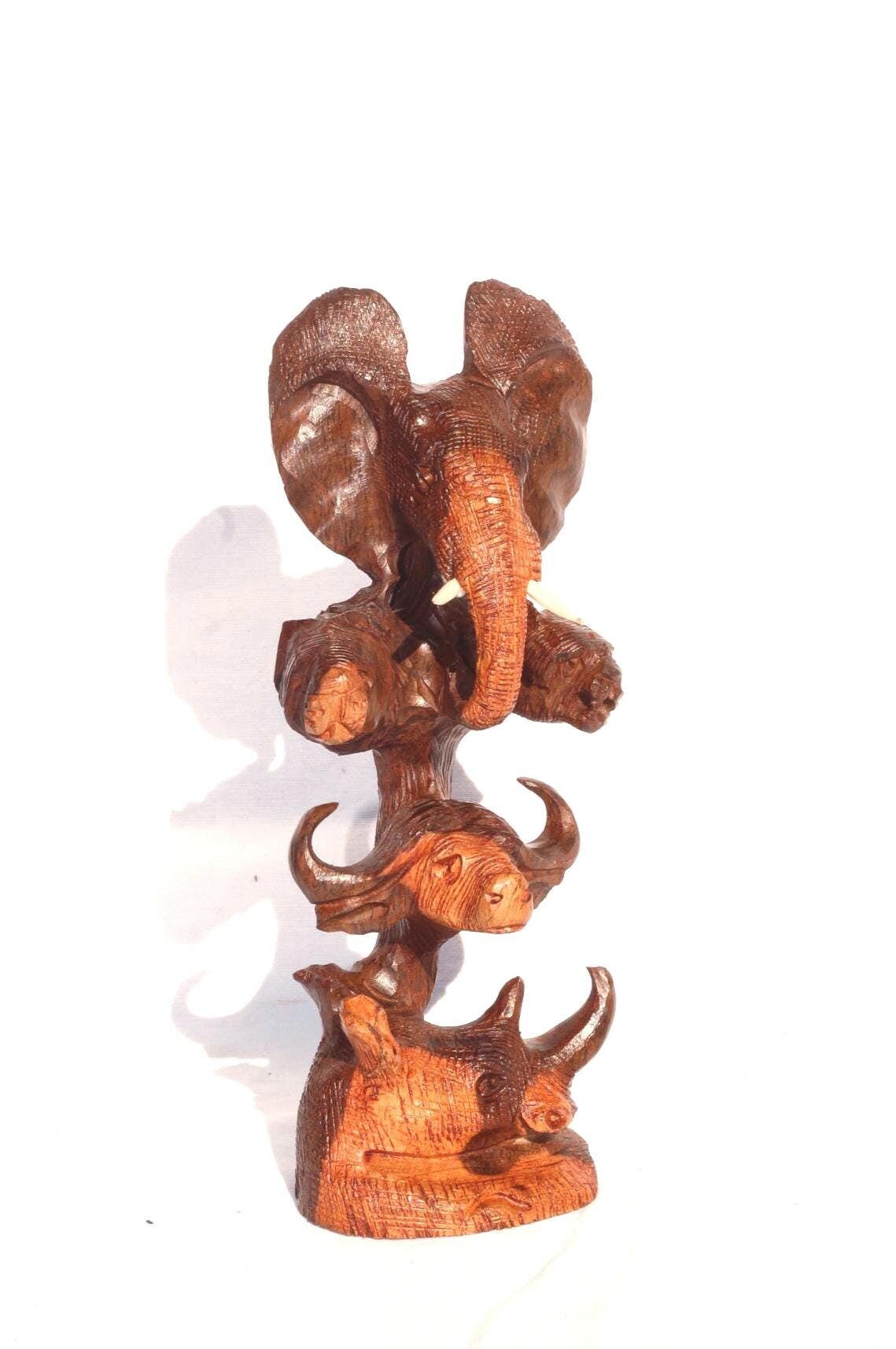 Small, Mid Brown Ironwood Carved lifelike Big Five heads tower. Elephant, Lion, Leopard, Buffalo, Rhino fine Art Decor. Ready to Ship Gift