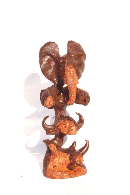 Small, Mid Brown Ironwood Carved lifelike Big Five heads tower. Elephant, Lion, Leopard, Buffalo, Rhino fine Art Decor. Ready to Ship Gift
