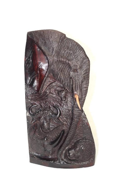 Iron Wood African Big 5 Animal heads hand carved Masterpiece. Table top Decor Self Standing 17inch Panel. Zimbabwe Dark Brown Polished Art