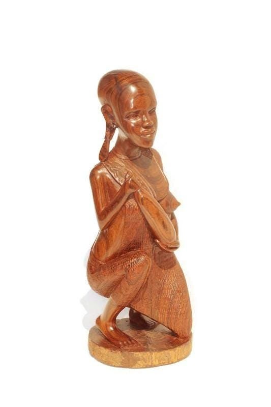 African Women Art Gifts. Large Handcarved Mozambiquean Elle Sandalwood Full Body Kneeling Masaai Lady Sculpture. Beautiful Wood Grain Decor