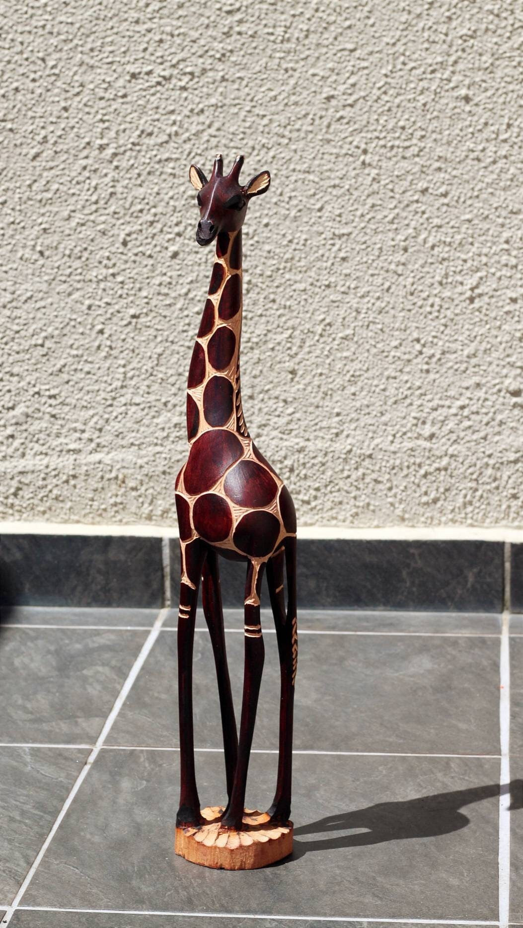 Coffee Brown Olive Wood Gouged Giraffe standing figurine. Tall Zimbabwean Carved Art Sculpture. Home/office Gifts decor ready to Ship
