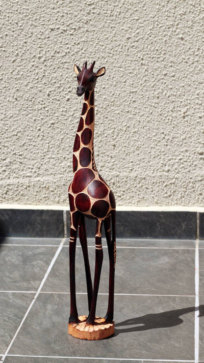 Coffee Brown Olive Wood Gouged Giraffe standing figurine. Tall Zimbabwean Carved Art Sculpture. Home/office Gifts decor ready to Ship