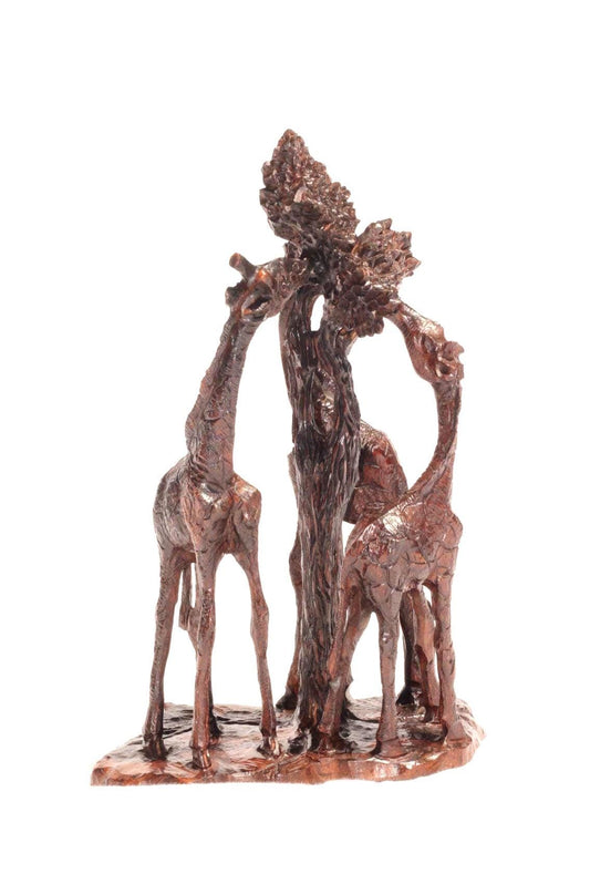 Giraffes Feeding on a Tree, Dark Brown Iron Wood Art Sculpture. Zimbabwean handcarved home decor . African Christmas gift, ready to Ship