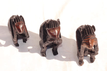 Three Wise Monkeys Mahogany Wood Malawi Hand Carved Figurines. African Art Decorations gift Set. Christmas gifts Ready to Ship Worldwide.