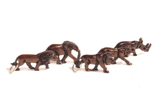 Hand carved Iron Wood African Big 5 animals keyholders/Zipper charms. Giftsets for theme party, end of year, work corporate gifts. Set of 5