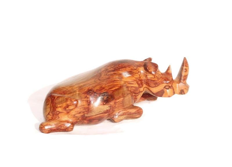 Zebra Wood Carved Sitting Rhino figurine. Zambian Handmade African Art decor, shipping worldwide. Unique Collector's item/ Christmas gifts