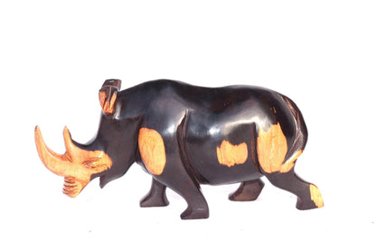Smooth Zambian Ebony wood Multi coloured, Walking open mouth handcarved Rhino. Unique African Art Christmas Gifts, for home/office decor.