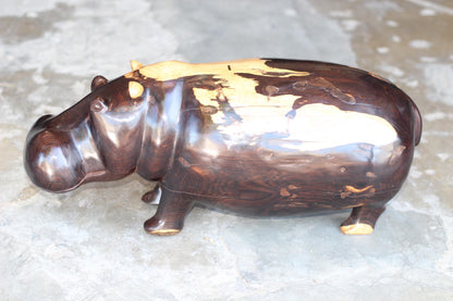 Extra Large Multi Colour Ebony Wood Carved Hippo Sculpture. Has visible wood grains in the dark rich wood. Unique African gift ready to Ship