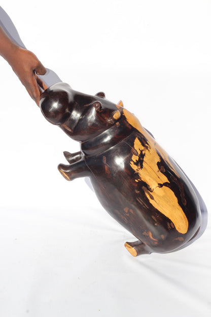 Extra Large Multi Colour Ebony Wood Carved Hippo Sculpture. Has visible wood grains in the dark rich wood. Unique African gift ready to Ship