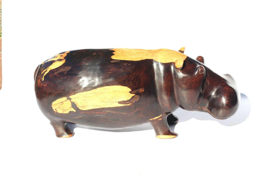 Extra Large Multi Colour Ebony Wood Carved Hippo Sculpture. Has visible wood grains in the dark rich wood. Unique African gift ready to Ship