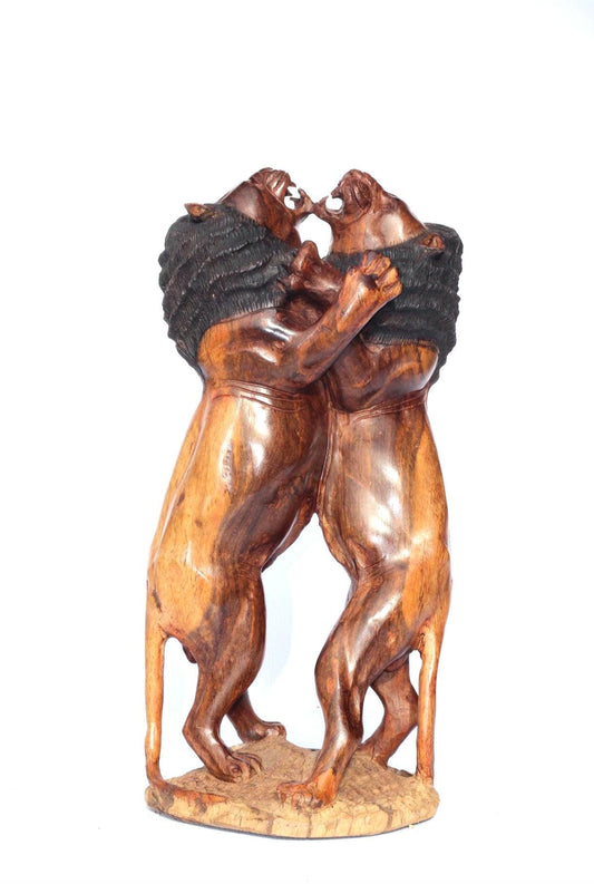Large Fine Art Adult Lions brutal fight, usually over Territory. Handcarved Ironwood Masterpiece. Realistic Zimbabwe Lifelike animal Decor.