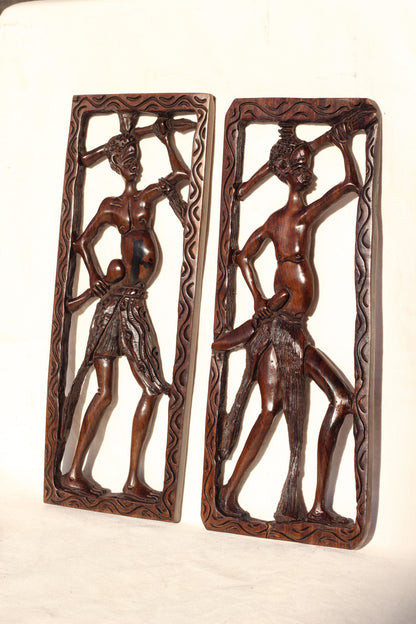 African Village Life Frame Hunters carrying a spear and Knife or Stick. Malawian Iron Wood Detailed Handcarved Wall Art Gift. Ready to Ship