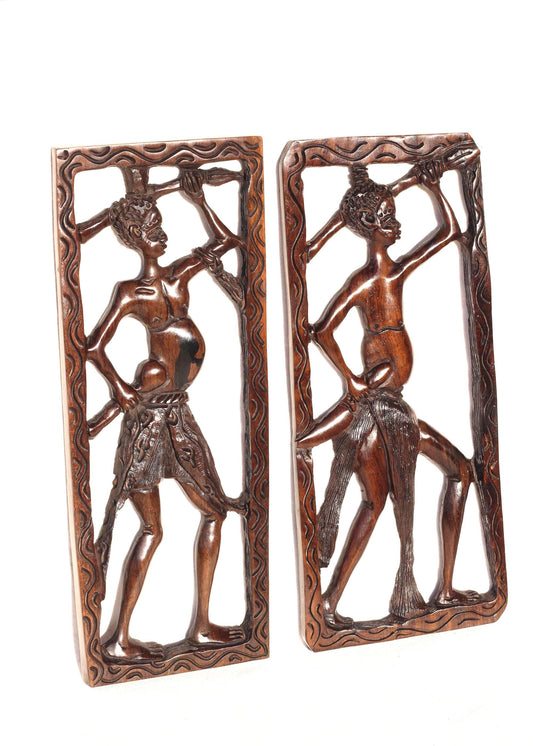 African Village Life Frame Hunters carrying a spear and Knife or Stick. Malawian Iron Wood Detailed Handcarved Wall Art Gift. Ready to Ship