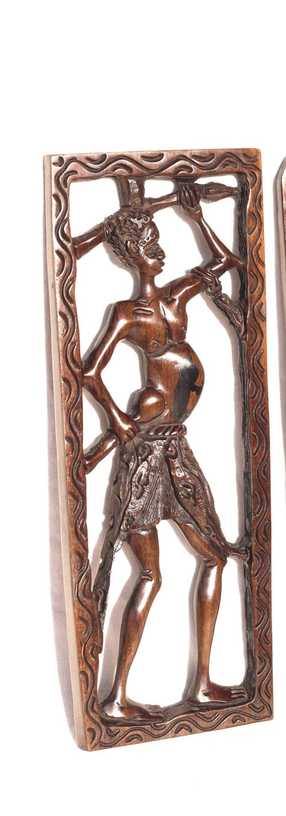 African Village Life Frame Hunters carrying a spear and Knife or Stick. Malawian Iron Wood Detailed Handcarved Wall Art Gift. Ready to Ship