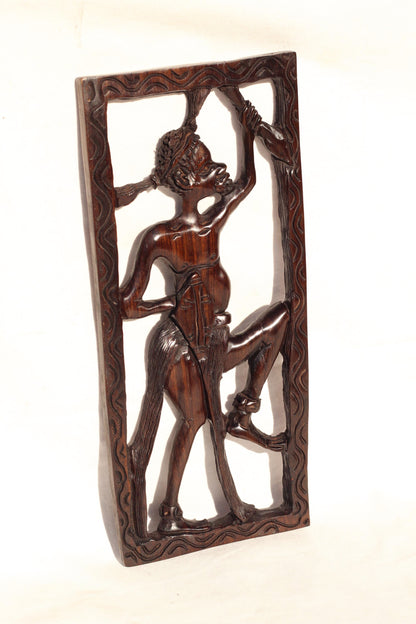 African Village Life Frame Warrior carrying a spear and a Shield. Serve the King, Malawian Iron Wood Handcarved Wall Art Gift. Ready to Ship