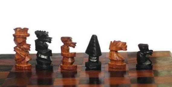 Malawian handcarved Ebony and Mahogany Wood Chess Set. 30×30cm board game gift to loved one. Animal Carvings around the board. Ready to Ship