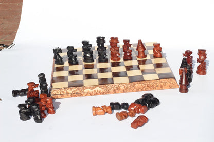Malawian handcarved Ebony and Mahogany Wood Chess Set. 30×30cm board game gift to loved one. Animal Carvings around the board. Ready to Ship