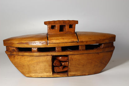 Noah's Ark handmade wood art.  33×10×10cm vessel with 18 pieces animals pairs figurines including Noah and his wife. Home/Office Décor gift