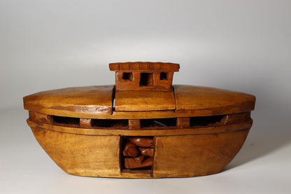 Noah's Ark handmade wood art.  33×10×10cm vessel with 18 pieces animals pairs figurines including Noah and his wife. Home/Office Décor gift