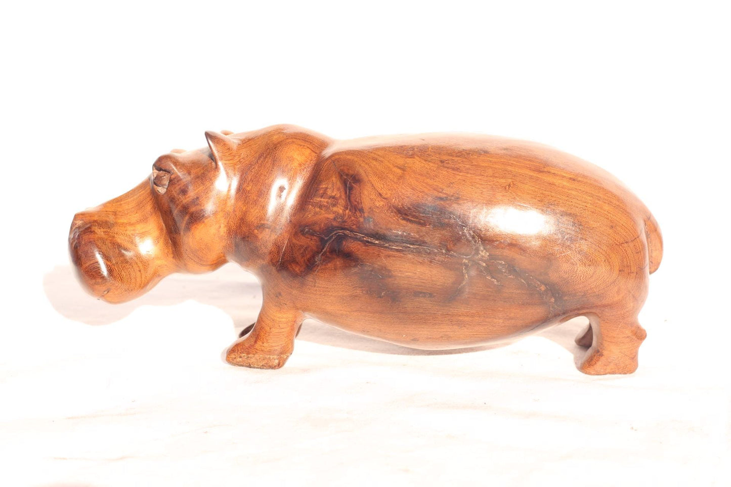 Kasia Wood Carved Hippo Sculpture, African Art, Light Brown Wooden Grains