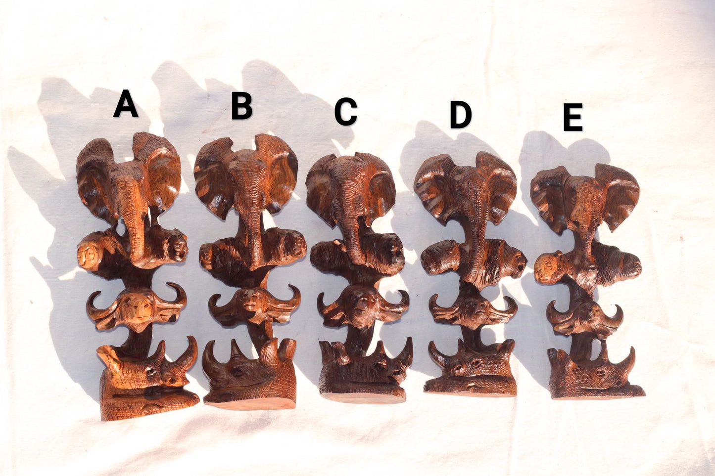 Small, Mid Brown Ironwood Carved lifelike Big Five heads tower. Elephant, Lion, Leopard, Buffalo, Rhino fine Art Decor. Ready to Ship Gift