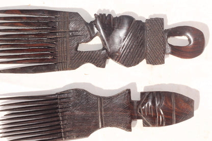 Malawian Hand carved Ebony Wood Set of 2 Combs/ Afro Picks. African Couple figures Home Decor Artwork. Ready to Ship Gifts