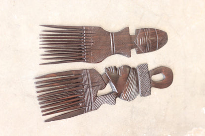 Malawian Hand carved Ebony Wood Set of 2 Combs/ Afro Picks. African Couple figures Home Decor Artwork. Ready to Ship Gifts