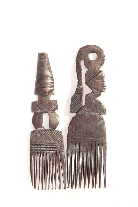 Malawian Hand carved Ebony Wood Set of 2 Combs/ Afro Picks. African Couple figures Home Decor Artwork. Ready to Ship Gifts