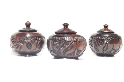 African Wooden Hand carved jewelry/ring box set. Ebony Wood with Rhino, Elephant, Tree Carvings. Can also store spices, Coffee, sugar Tea